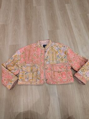 7 For All Mankind Pink Floral Patchwork Cropped Jacket Size L Cottage Core